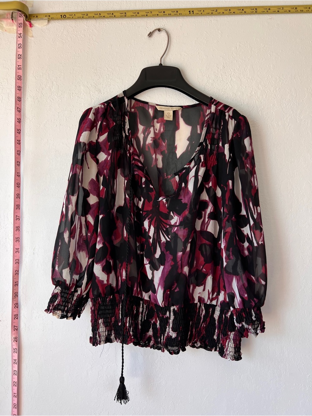 jonathan martin Black and Magenta Floral Sheer V-Neck Blouse